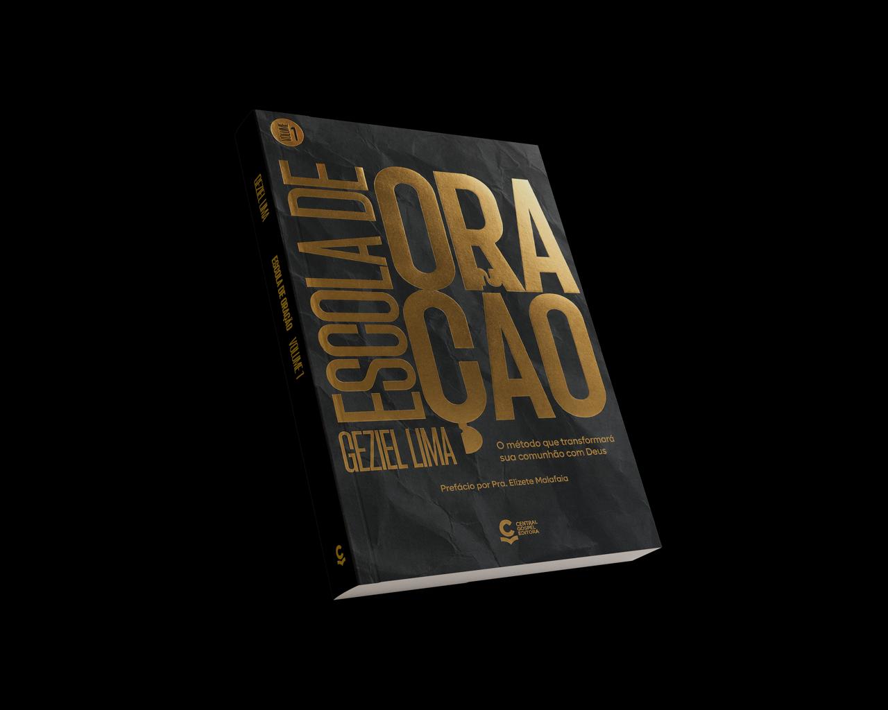 Livro Escola de Oração em perspectiva, capa preta com letras douradas